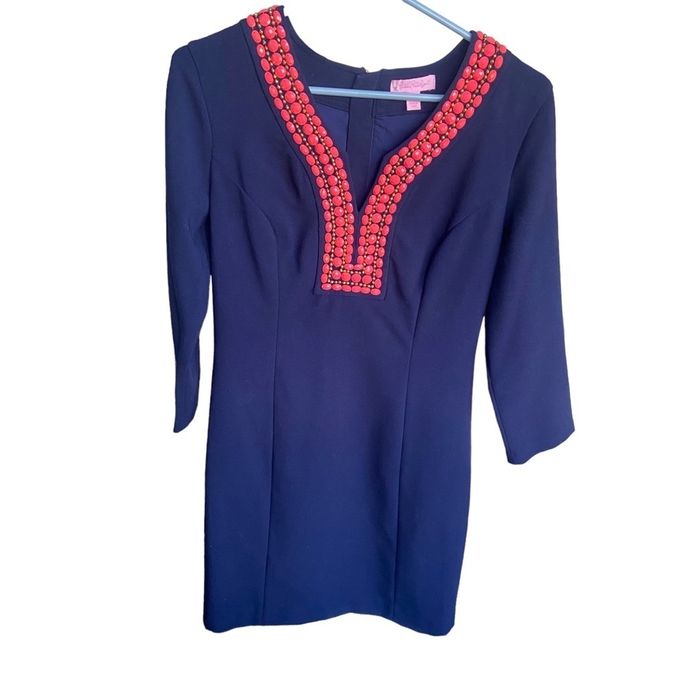 Lilly Pulitzer Bennett Shift Dress Navy Bead Embellished - Size 2 - Picture 4 of 13